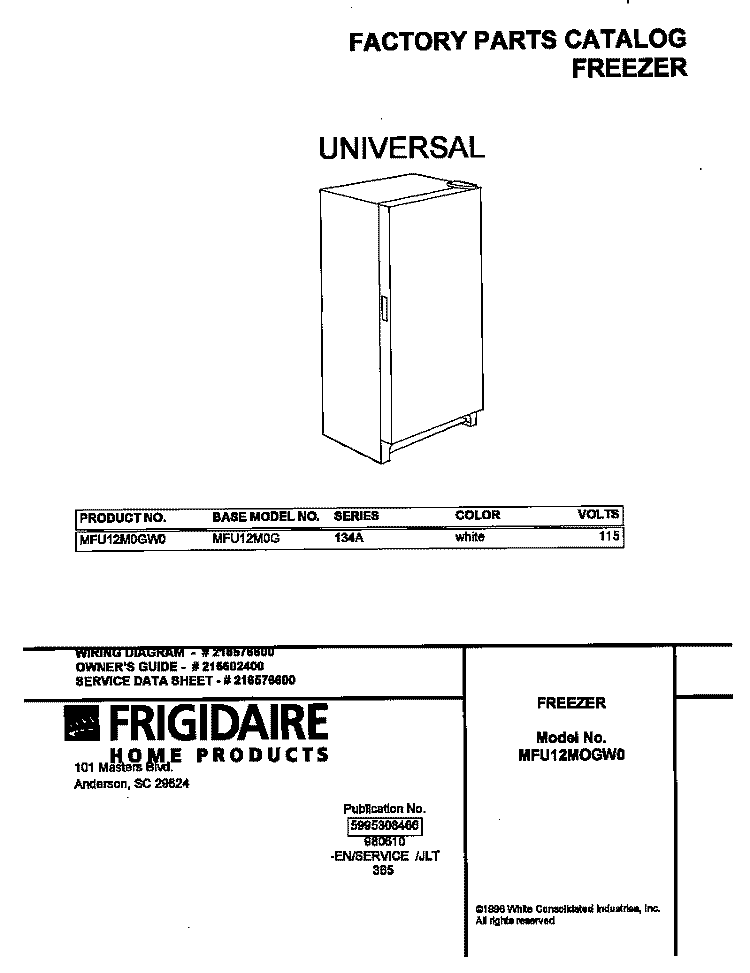 COVER Diagram and Parts List for MFU12M0GW0  Frigidaire Freezer