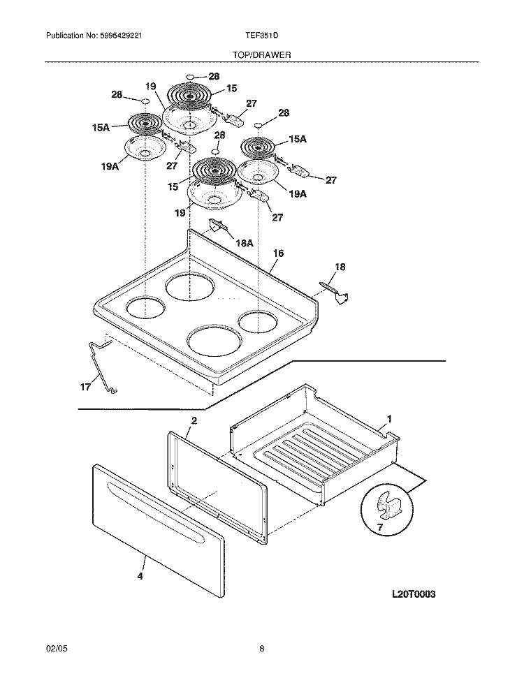 TOP / DRAWER Diagram and Parts List for TEF351DUB  Tappan Range