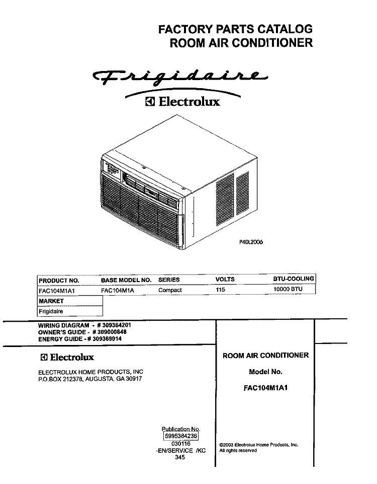 COVER Diagram and Parts List for FAC104M1A1  Frigidaire Air Conditioner