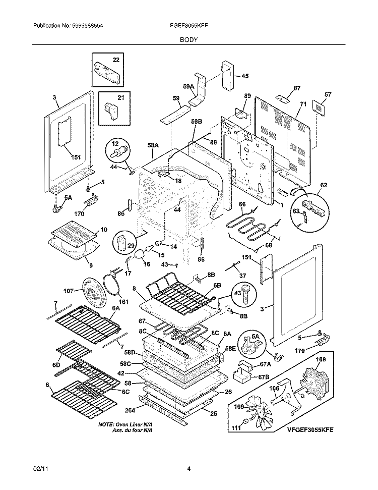 BODY Diagram and Parts List for FGEF3055KFF  Frigidaire Range