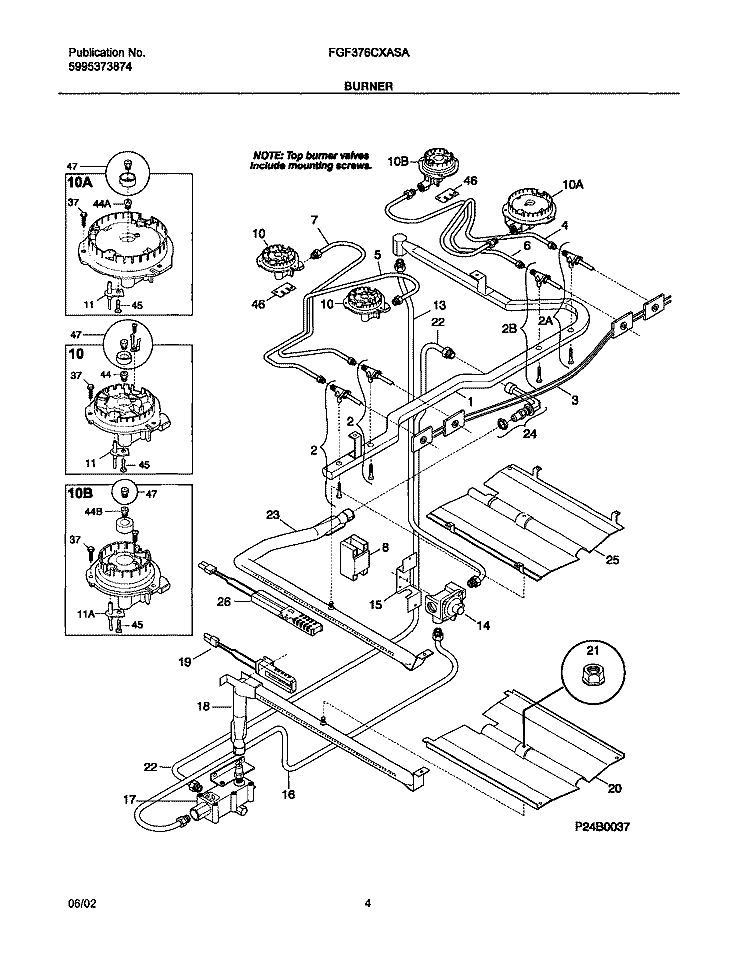 BURNER Diagram and Parts List for FGF376CXASA  Frigidaire Range