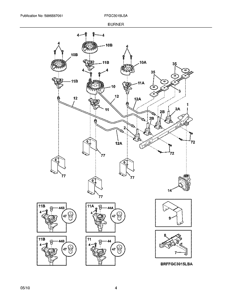 BURNER Diagram and Parts List for FFGC3015LSA  Frigidaire Cooktop