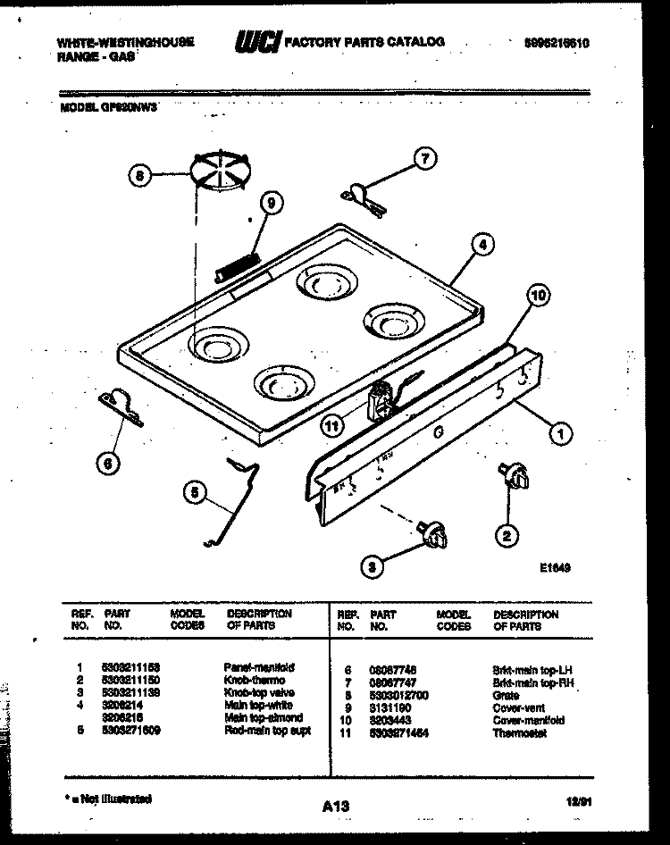 COOKTOP PARTS Diagram and Parts List for GF620ND3  Frigidaire Range