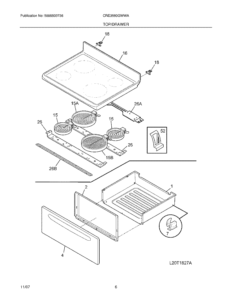TOP / DRAWER Diagram and Parts List for CRE3580GWWA  Crosley Range