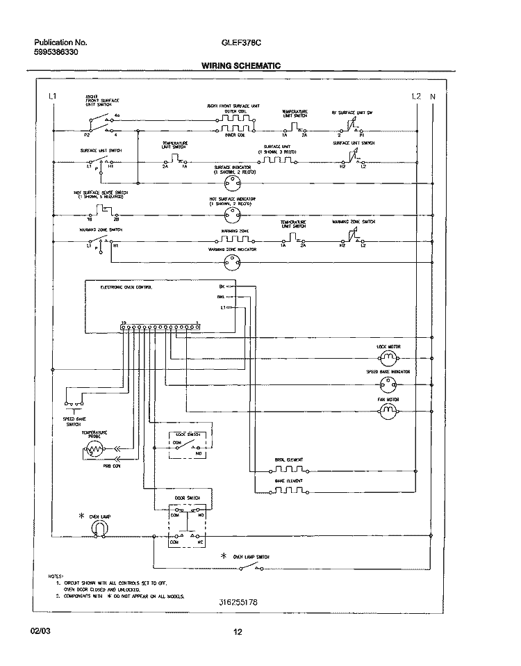 WIRING SCHEMATIC Diagram and Parts List for GLEF378CQA  Frigidaire Range