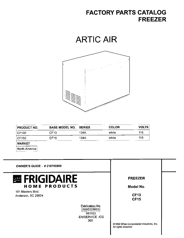 COVER Diagram and Parts List for CF150  Frigidaire Freezer