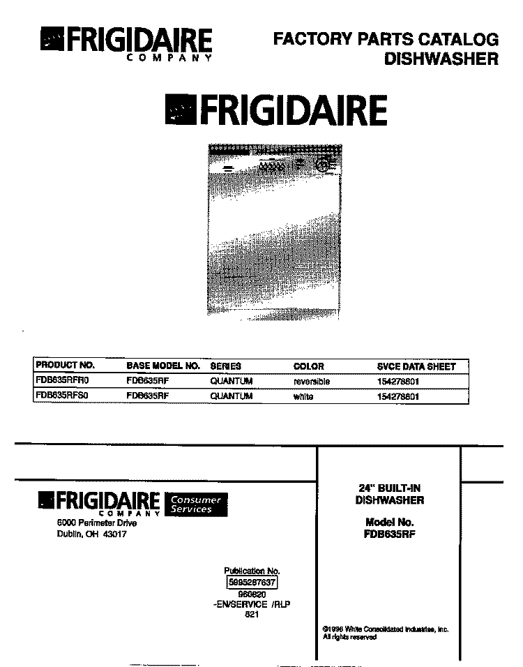 COVER Diagram and Parts List for FDB635RFR0  Frigidaire Dishwasher