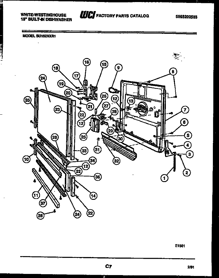 DOOR PARTS Diagram and Parts List for SU182NXR1  Frigidaire Dishwasher
