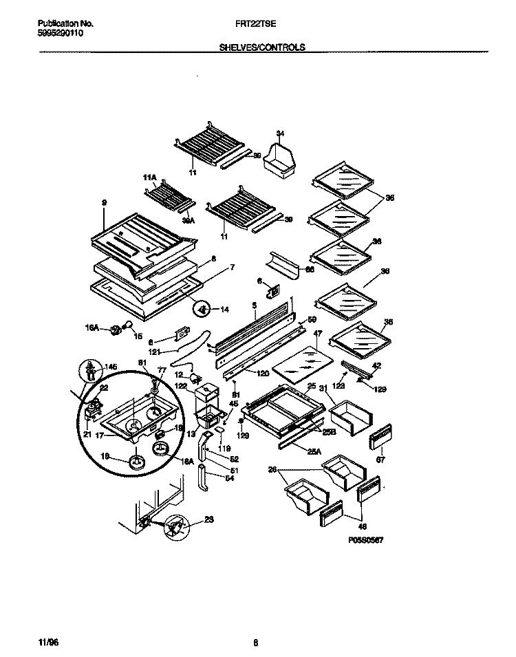 SHELVES / CONTROLS Diagram and Parts List for FRT22TSEW0  Frigidaire Refrigerator