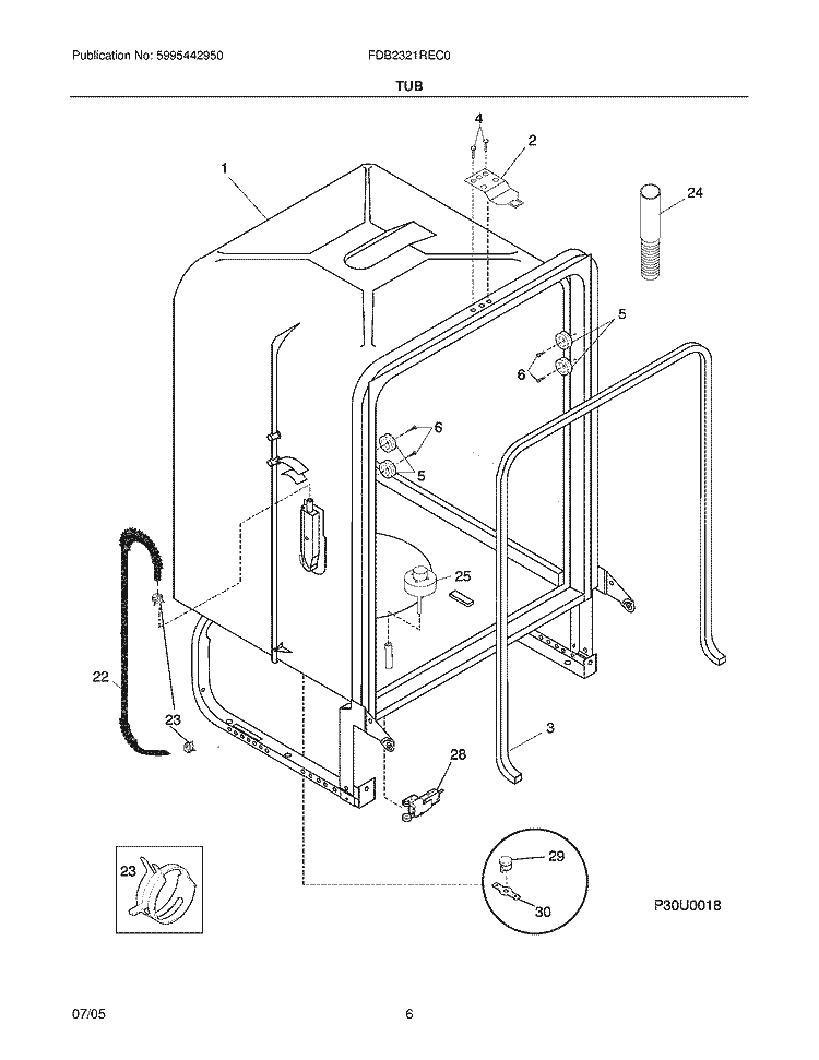 TUB Diagram and Parts List for FDB2321REC0  Frigidaire Dishwasher
