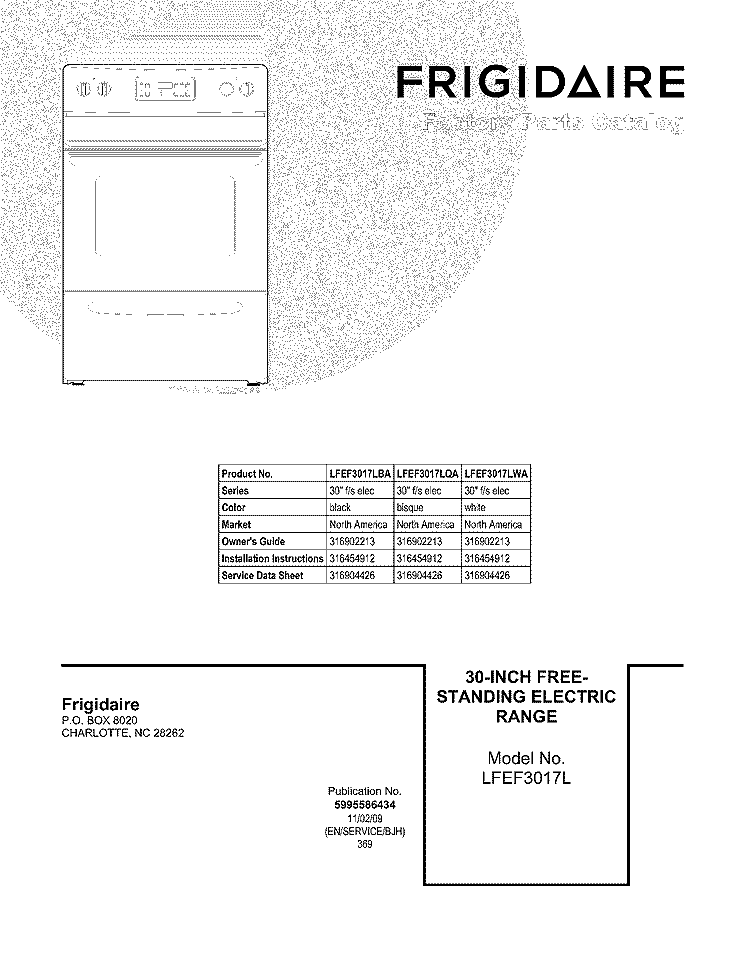 COVER Diagram and Parts List for LFEF3017LWA  Frigidaire Range