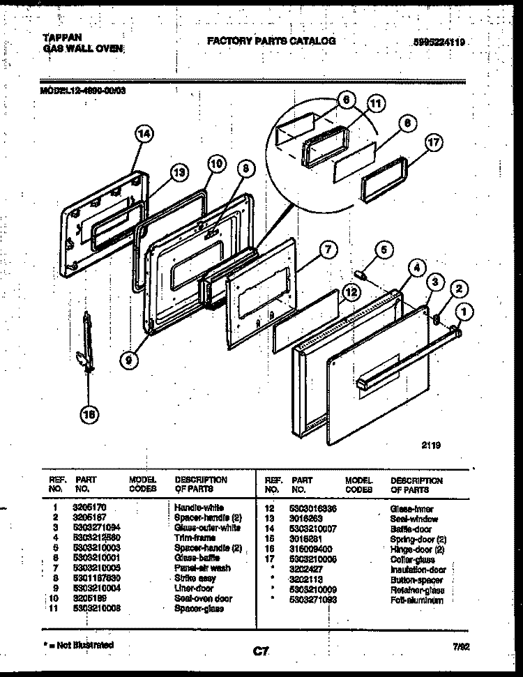 DOOR PARTS Diagram and Parts List for 12-4990-00-03  Tappan Wall Oven