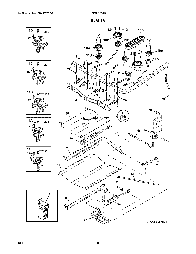 BURNER Diagram and Parts List for FGGF3054KWJ  Frigidaire Range