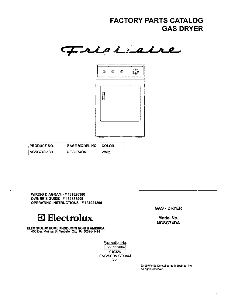 COVER Diagram and Parts List for NGSG74DAS0  Frigidaire Dryer