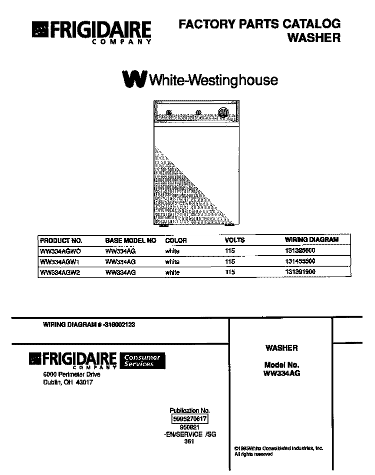 COVER Diagram and Parts List for WW334AGW0  Frigidaire Washer