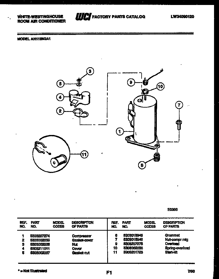 COMPRESSOR PARTS Diagram and Parts List for AH119N2A1  Frigidaire Air Conditioner