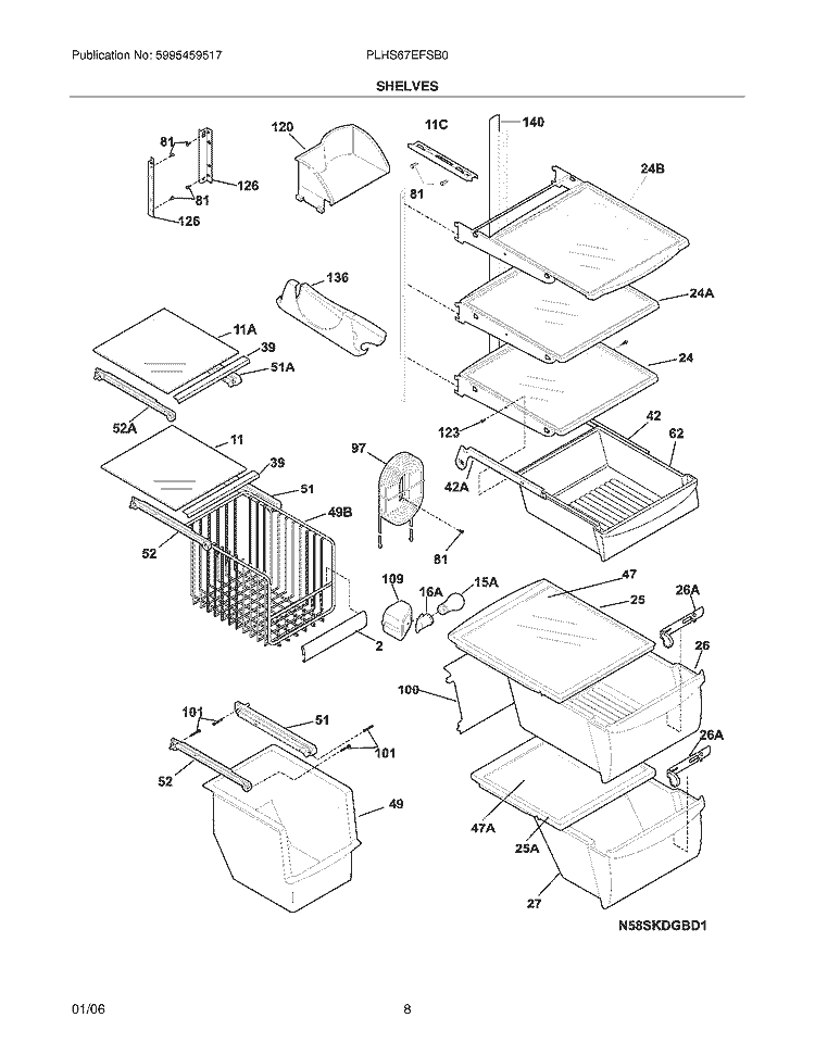 SHELVES Diagram and Parts List for PLHS67EFSB0  Frigidaire Refrigerator