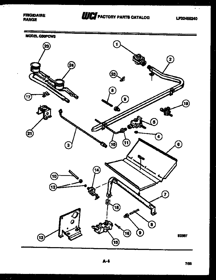 BURNER, MANIFOLD AND GAS CONTROL Diagram and Parts List for G30PCL3  Frigidaire Range