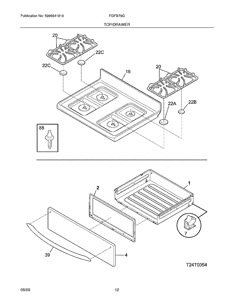 TOP/DRAWER Diagram and Parts List for FGFB79GCE  Frigidaire Range