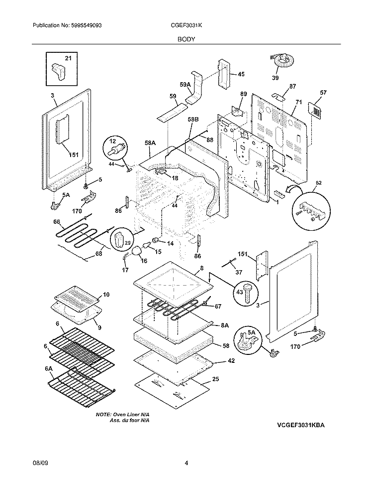 BODY Diagram and Parts List for CGEF3031KWA  Frigidaire Range