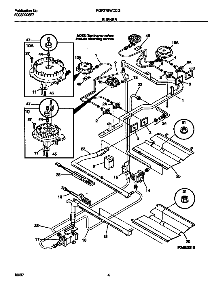 BURNER Diagram and Parts List for FGF378WCCG  Frigidaire Range