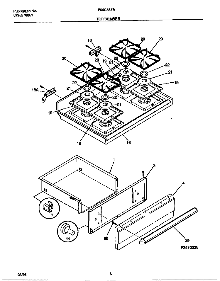 TOP / DRAWER Diagram and Parts List for F64C353BTB  Frigidaire Range