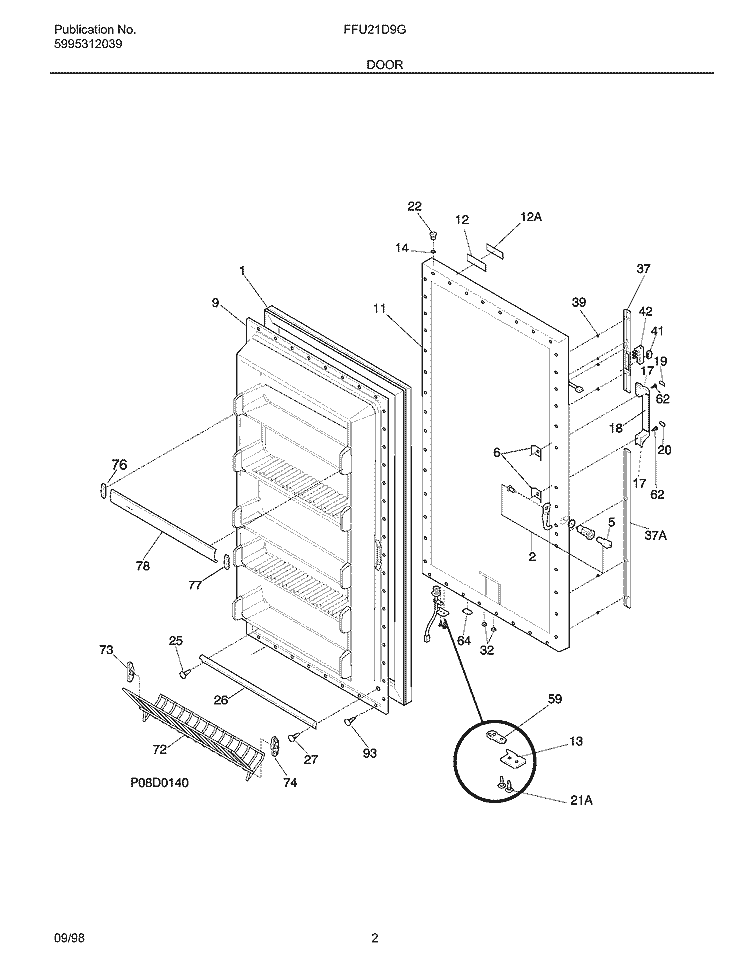 DOOR Diagram and Parts List for FFU21D9GW0  Frigidaire Freezer