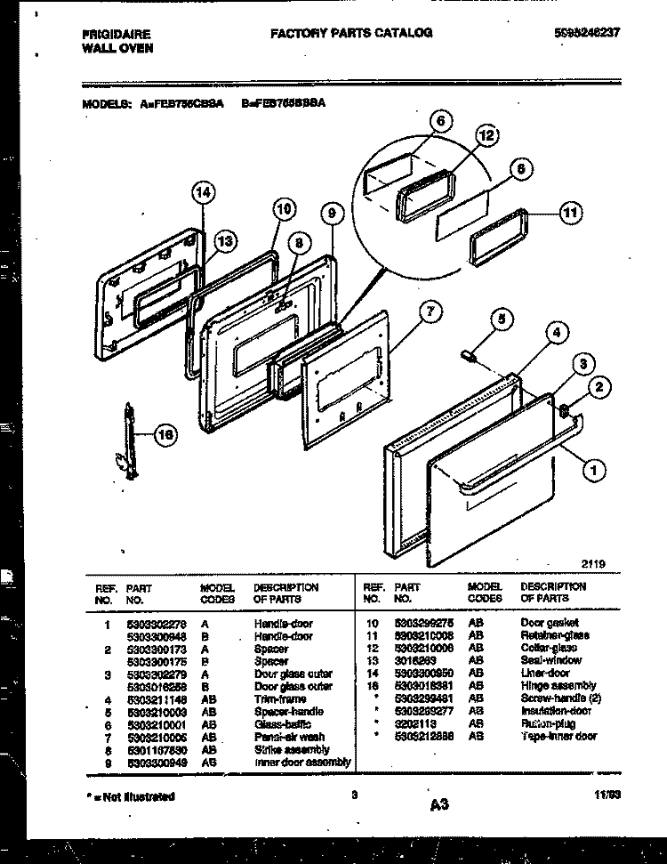 DOOR PARTS Diagram and Parts List for FEB755BBBA  Frigidaire Wall Oven
