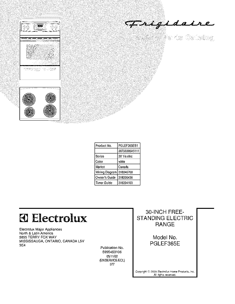 COVER Diagram and Parts List for PGLEF365ES1  Frigidaire Range
