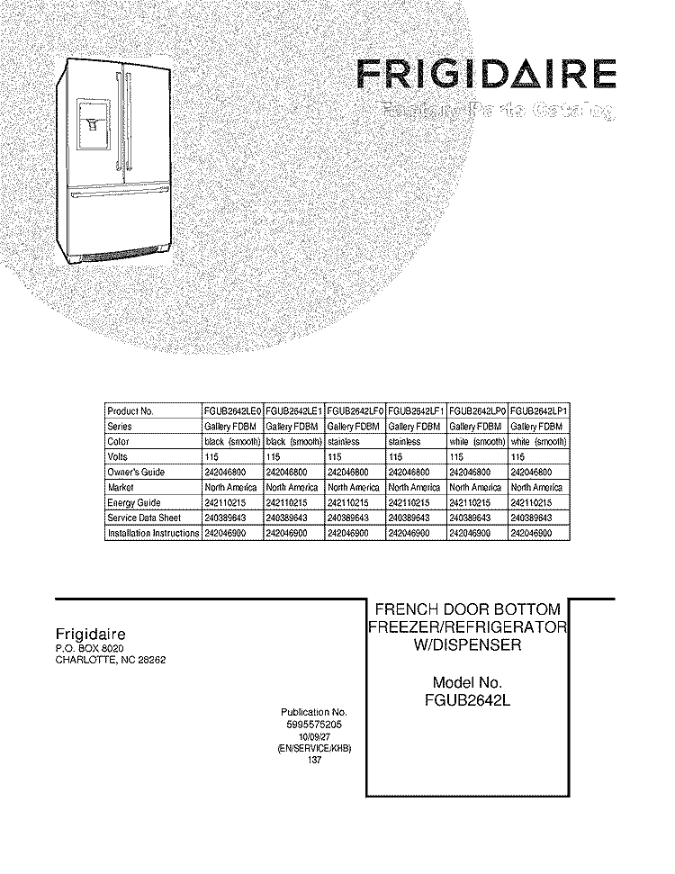 COVER Diagram and Parts List for FGUB2642LP1  Frigidaire Refrigerator