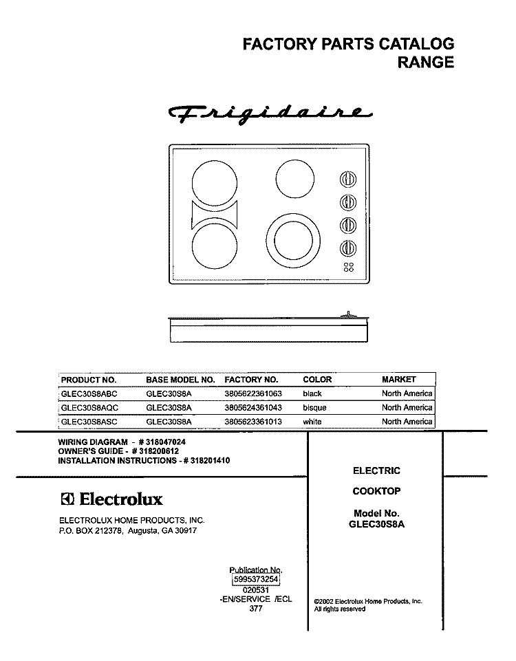 COVER Diagram and Parts List for GLEC30S8ABC  Frigidaire Cooktop