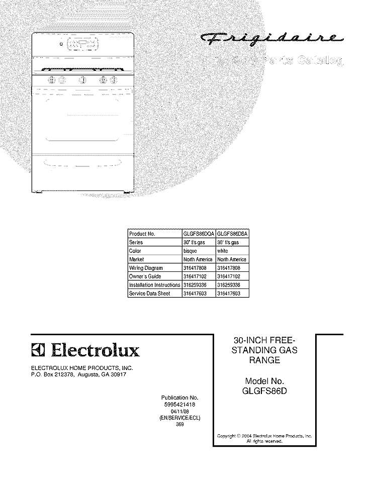 COVER Diagram and Parts List for GLGFS86DQA  Frigidaire Range