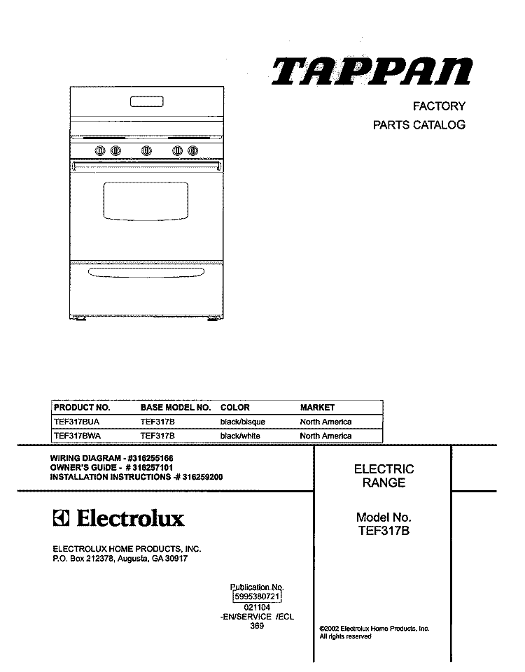 COVER Diagram and Parts List for TEF317BUA  Tappan Range