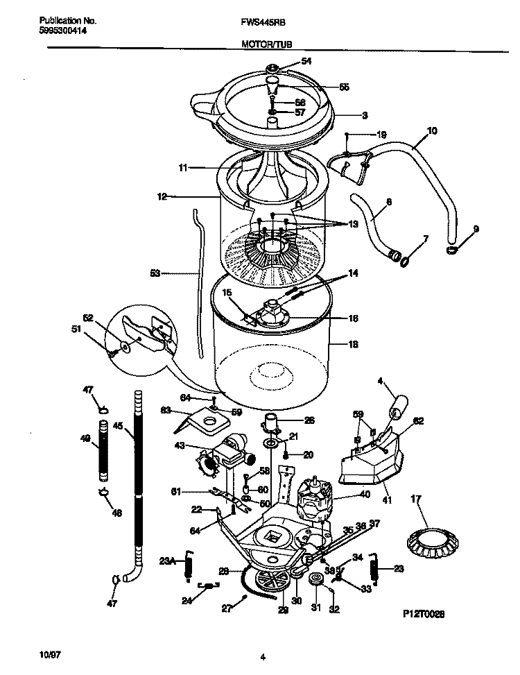 MOTOR / TUB Diagram and Parts List for FWS445RBT5  Frigidaire Washer