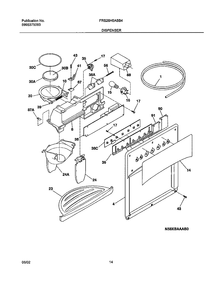 DISPENSER Diagram and Parts List for FRS26H5ASB4  Frigidaire Refrigerator