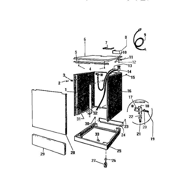 WRAPPER, TOP, VALVE & BASE Diagram and Parts List for SC550DXW6  Frigidaire Dishwasher