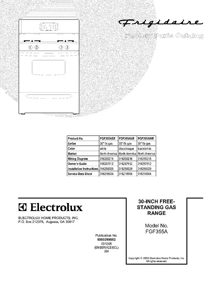 COVER Diagram and Parts List for FGF355AUE  Frigidaire Range