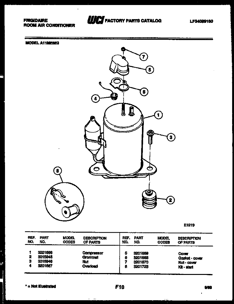 COMPRESSOR PARTS Diagram and Parts List for A11ME8E3  Frigidaire Air Conditioner