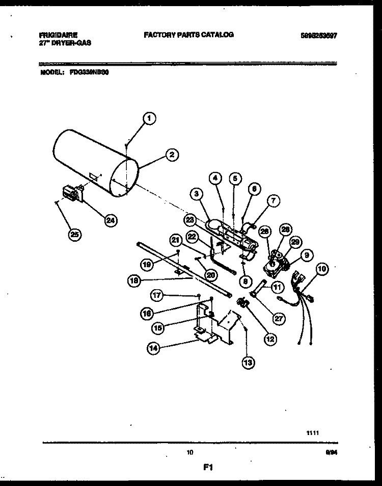 BURNER, IGNITER AND VALVE Diagram and Parts List for FDG336NBS0  Frigidaire Dryer