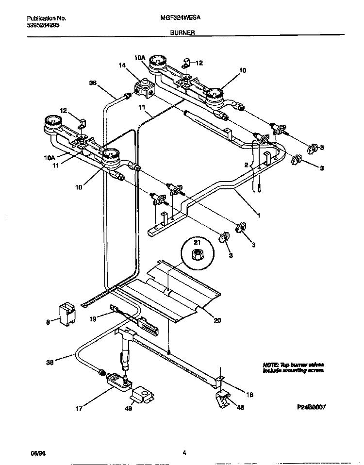 BURNER Diagram and Parts List for MGF324WESA  Frigidaire Range