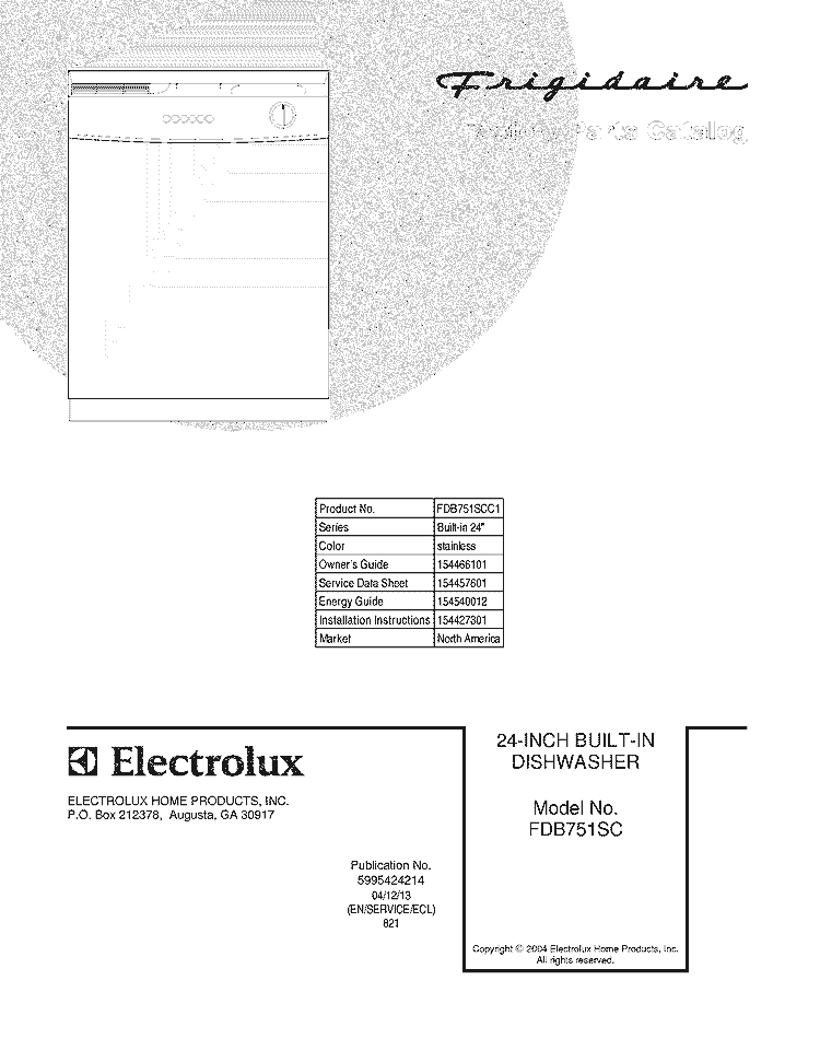 COVER Diagram and Parts List for FDB751SCC1  Frigidaire Dishwasher
