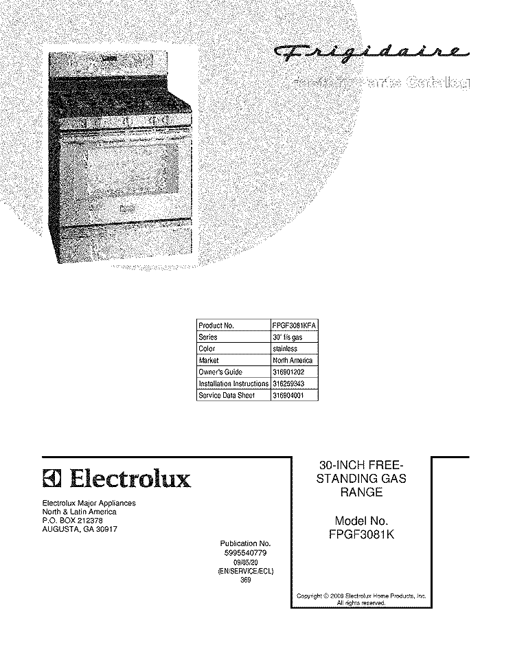COVER Diagram and Parts List for FPGF3081KFA  Frigidaire Range