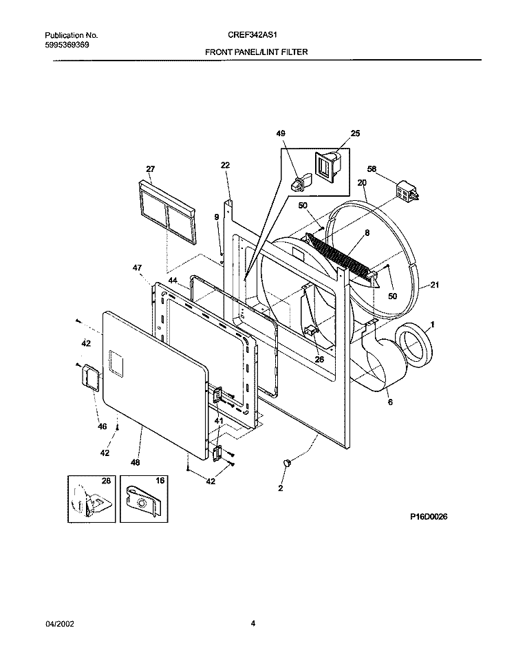 FRNT PNL, DOOR Diagram and Parts List for CREF342AS1  Frigidaire Dryer