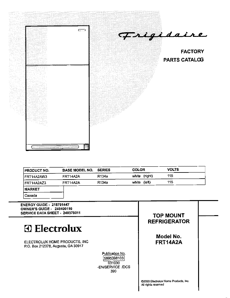 COVER Diagram and Parts List for FRT14A2AZ3  Frigidaire Refrigerator