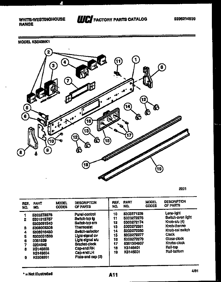 CONTROL PANEL Diagram and Parts List for KS540NKW1  Frigidaire Range