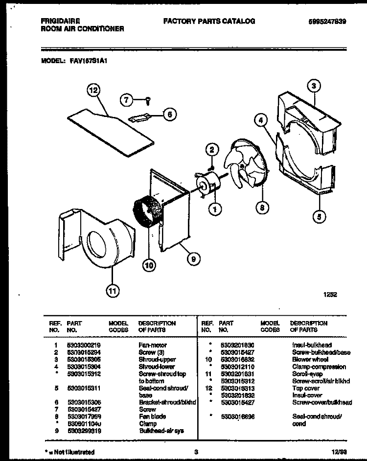 AIR HANDLING PARTS Diagram and Parts List for FAV157S1A2  Frigidaire Air Conditioner