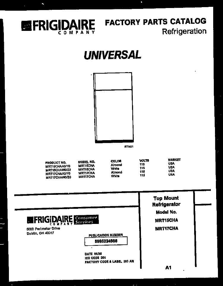 COVER Diagram and Parts List for MRT17CHAY0-23  Tappan Refrigerator
