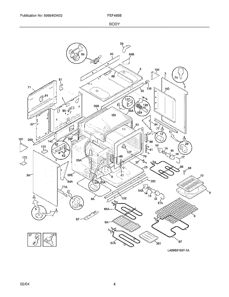 BODY Diagram and Parts List for FEF455BBC  Frigidaire Range