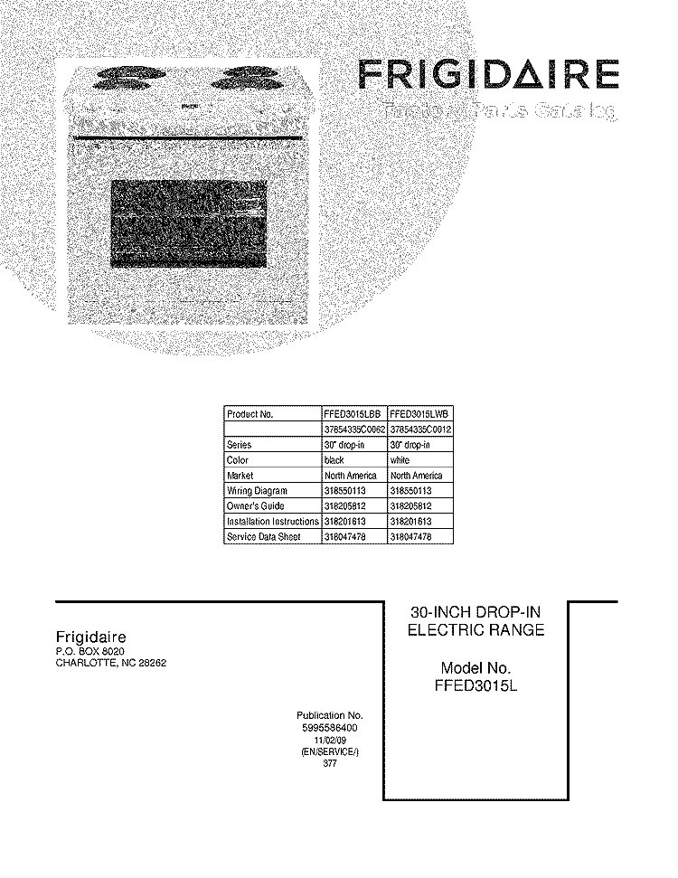COVER Diagram and Parts List for FFED3015LBB  Frigidaire Range