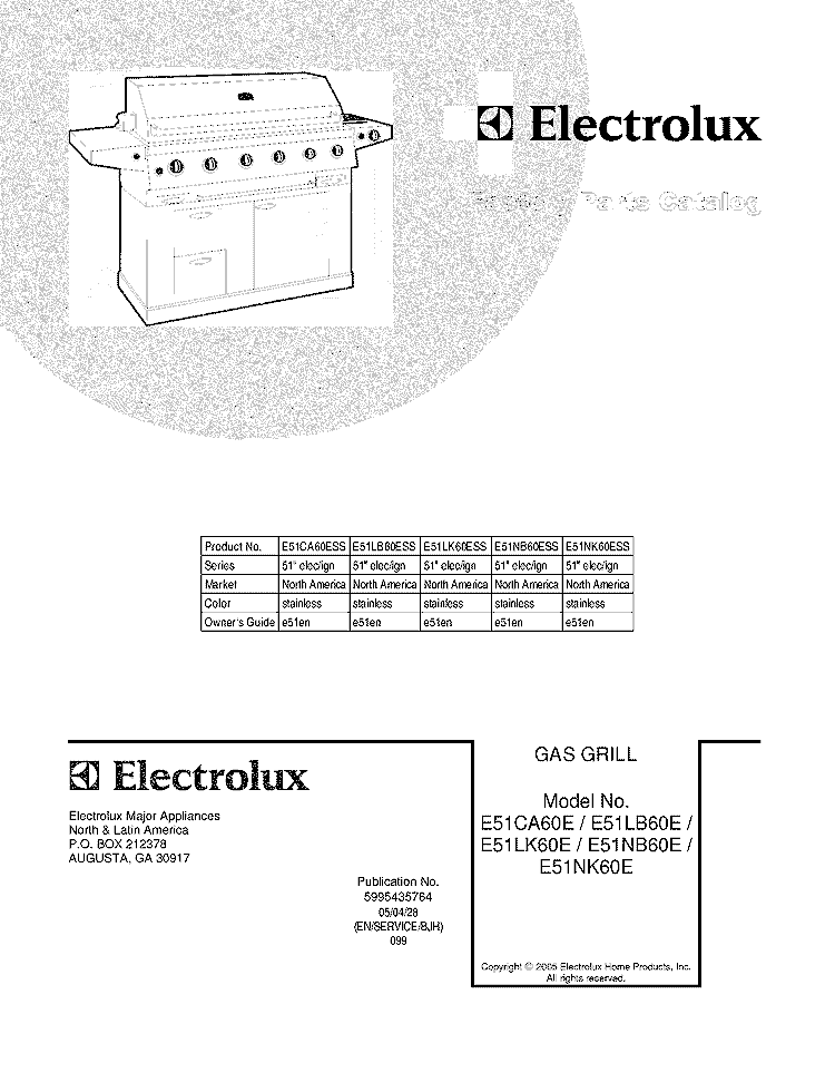COVER Diagram and Parts List for E51NB60ESS  Electrolux Grill